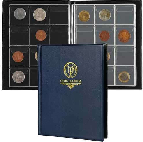 120 Pockets Coin Album - Coin Collecting Book with 10 Pages, 45x43 mm Grid Holder for Pounds Pence Cents Dollars Nickel (Blue) CS48120BL