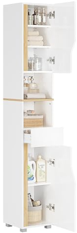 FORABAMB Meuble Colonne Salle de Bain, Meuble de Rangement avec Étagères Réglables, Tiroir, 2 Étagères Ouvertes, Armoire Rangement Haute Gain de Place,Armoire de Salle de Bain, 30 x 30 x 180 cm, Blanc