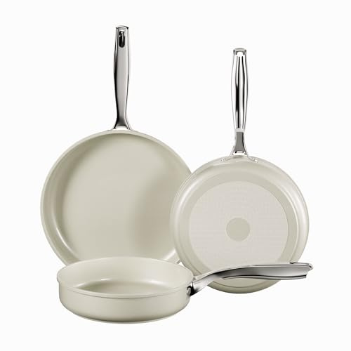 Koch Kode Pfanne Pfannenset, Keramikpfanne 20 24 28cm, Mit Edelstahlgriffen, Bratpfanne Set Induktion, Beschichtetes Pan, ohne PTFE und PFOA, Spülmaschinenfest, Backofenfest, Beige