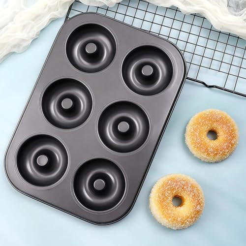 RHFJAKA 6-Cavity Donut Pan Molds Carbon Stee For Baking Pan, Nonstick & Dishwasher Safe 12.5 x 8.5” Doughnut Pan, Steel Donut Trays, Makes Perfect Bagels and Cake Donuts Cookies & Fondant
