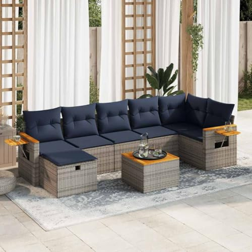 LoogCape 8-TLG. Trädgårdsmöbler set med polyrotting, väderbeständig loungesoffa med kudde, matbord, bänk, sittgrupp för balkong, terrass, veranda, utomhus, pool, utrymmesbesparande, robust trä, metall