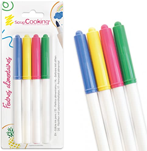 ScrapCooking - 4 Feutres Alimentaires Summer - Jaune, Bleu, Vert, Rose - Crayons Pâtisserie pour Dessiner & Écrire sur Biscuits, Macarons, Gâteaux, Pâte à Sucre - Encre Comestible Décoration - 7101