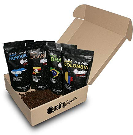 Quality Roasters Coffees. Café en grano Natural. 100% Arábica. Cuatro orígenes: Colombia, Brasil, Honduras y Uganda. Tueste medio. 4x250 gr