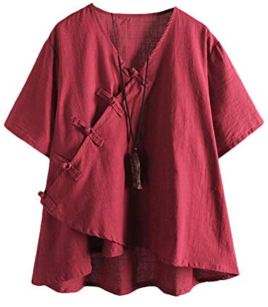 FTCayanz Damen Leinen Tunika Tops V-Ausschnitt Knopfleiste Bluse Kurzarm T-Shirt Burgund XXL