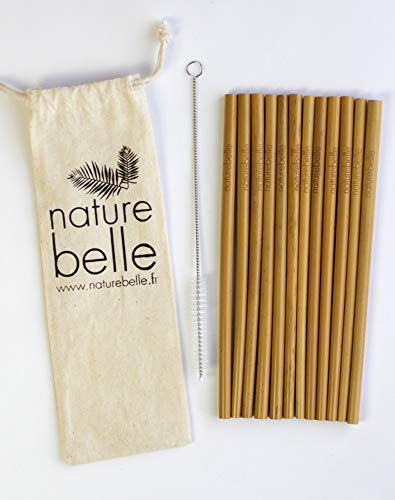 Naturebelle Kit de 12 pailles réutilisables en bambou de 20 cm | Inclut une brosse-goupillon de nettoyage| Pailles pour boissons, cocktails | Pailles 100% écologiques, recyclables et biodégradables
