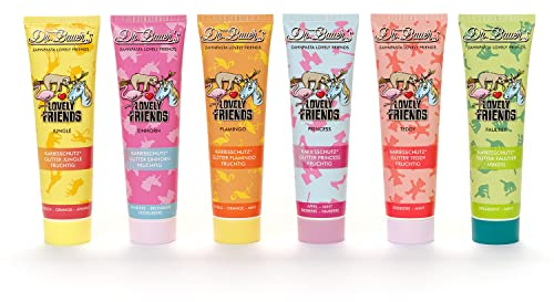 Dr. Bauer's Lovely Friends Zahnpasta mit Glitzer Motiven, viele tolle Geschmacksrichtungen, Zahncreme für Kinder und Erwachsene, nachhaltiger Verpackung, 90ml pro Tube PROBIER-SET (6x 90ml)