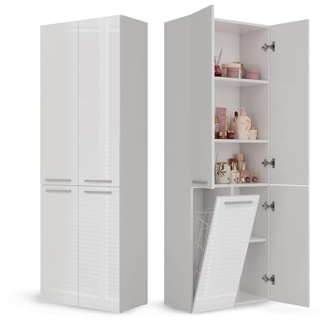 CDF Badezimmerschrank Bad Schrank Mit Wäschekorb Weiß Glänzend Badschrank Mehrzweckschrank Badregal Stehend Hochschrank Schublade Tür Bodenschrank Allzweckschrank 1 Wäschekorb 174 x 60 x 30