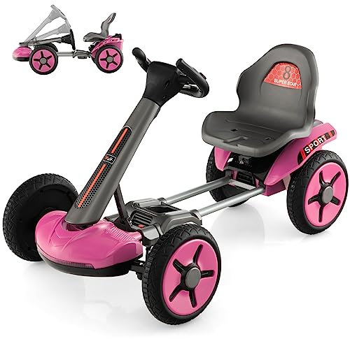 GOPLUS 12V Elektrisches Kinderfahrzeug, Gokart mit verstellbarem Lenkrad und Sitz, LED-Lichter, Klappbares Design, Tretauto zum Reiten für Jungen und Mädchen von 2-5 Jahren (Rosa)