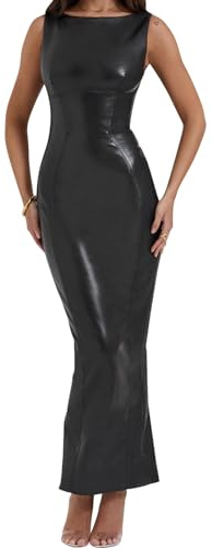 hibshaby Sexy Women Faux Leather Bodycon Maxi Dress Boat-Neck Tank Elegant Long Dresses, Black, XL
