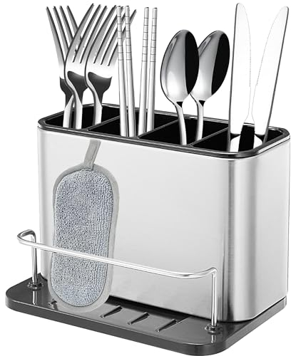 XFLYP Escurridor de Cubiertos, Estante de Utensilios de Cocina Multifuncional con 3 Compartimentos para Organizador de Fregadero de Cocina Encimera, Mesa de Casa(Plateado)