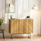 roomfitters Kommode Sideboard, Küchenschrank mit Oberseite in Marmoroptik, Sideboard Buffet Schrank mit Fischgrätenmuster, Küchenschrank mit Push-to-Open Schranktüren, Eiche, Goldfarbene Metallbeine
