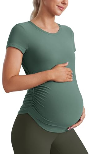 CRZ YOGA Cloudweight Maternity Shirts for Women Pregnancy Short Sleeve Side Ruched Tops Soft Workout Casual Athletic T-Shirt Graphite Green Medium