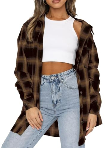 LACOZY Chemise à carreaux en flanelle à manches longues surdimensionnée Buffalo avec col boutonné pour femme, kaki, L