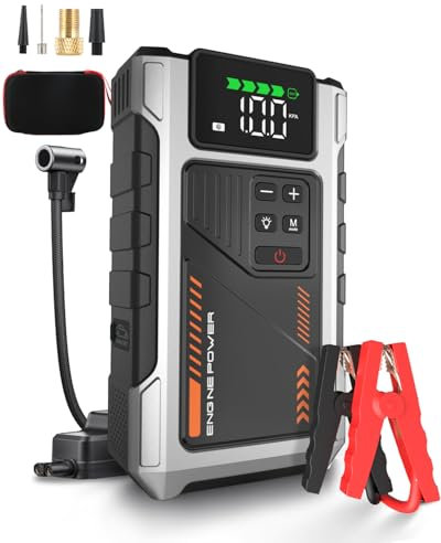 Eigotrav Starthilfe Powerbank mit 150 PSI Luftkompressor, 6000A Auto Starthilfe (Bis zu 7.5L Benzin, 6L Diesel), 12V Jump Starter mit LCD Display, LED Taschenlampe