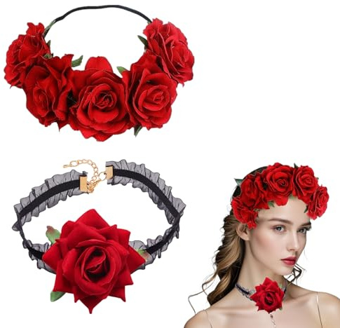 Diadema de Flores para Niña y Mujer - Corona de Flores, Diadema Catrina y Frida Kahlo Disfraz - Accesorio de Flores Flamencas Único