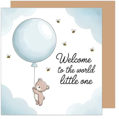 Edition Seidel Tarjeta de felicitación de nacimiento cuadrada con sobre, tarjeta de felicitación para bebé con texto en inglés Welcome Baby Kid Teddy Globo (EQ131 SW025)