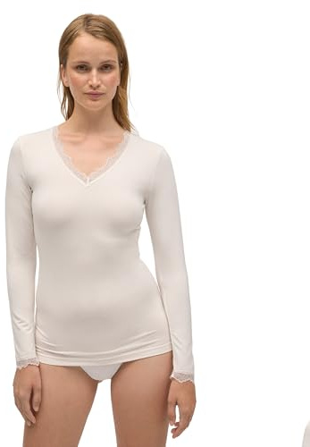 YSABEL MORA Camiseta Interior Manga Larga de Bambú para Mujer | Escote en pico con detalle de encaje, tacto ultrasuave, apta para piel sensible, se adapta al cuerpo