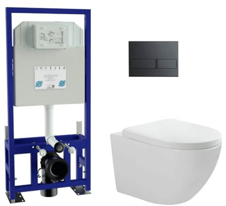 Pack Inodoro Suspendido Blanco Brillo y Cisterna Empotrada Autoportante con Pulsador Negro | Inodoro Blanco Brillo Rimless Sin Borde de Fondo Reducido y Asiento Extrafino con Caida Amortiguada