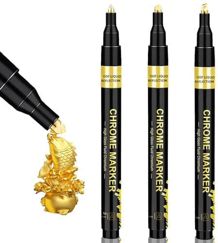 3Pcs Metallic Chrome Markers, Gold Art Markers, Reflective Mirror Gloss Marker, Repair Paint Pen Permanent for Model Metal Plastic Glass DIY Craft for Christmas Resin Crafts, Coloring, Stroke(0.7/1mm)