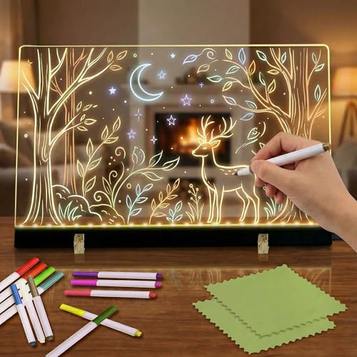 Tablette Lumineuse de Dessin RGB 30×20 cm – Tableau Lumineux Enfant en Acrylique avec 23 LED, 12 Feutres Néon, 2 Chiffons, Supports & Câble USB-C, Réutilisable pour Dessin, Messages & Décoration