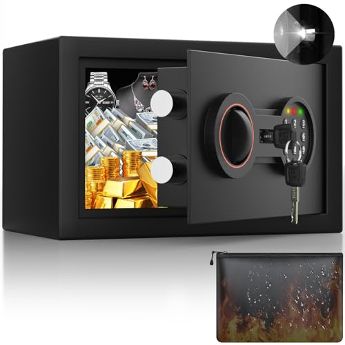 Small Safe for Home, 6.69H Safe Box with Fireproof Waterproof Bag for College Dorm Room, Money Safe with Alarm System, Sensor LED Light, Wall/Floor Mountable, Hidden Safes for Cash, Jewelry, Medicine