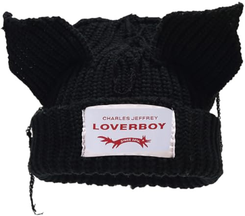 AMOFIA Womens Beanie Hat Winter Cuffed Knit Hats with Cat Ears Thick Warm Y2k Skull Caps Mens Ski Hat Black