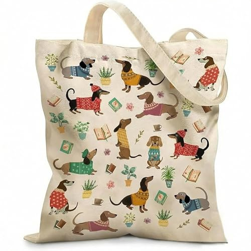 QIANSSE Dachshund Tote Bag, Double Sided Printed Canvas Shopper