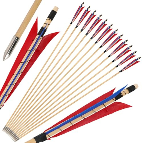 wolfman 6/12 pcs Flèches en Bois 32 Arc Recurvé Traditionnel Longbow avec Cible de Tir à Plumes de Dindonneau 5 pour Entraînement Archery (12, Rouge + Bleu)