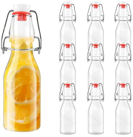 BUCOMTU 10 Bottiglie Costolata in Vetro 250ml con chiusura a molla, Contenitori riutilizzabili ermetici, Vasi chiudibili per conservare succhi, oli, spezie e vari liquidi all’interno della casa
