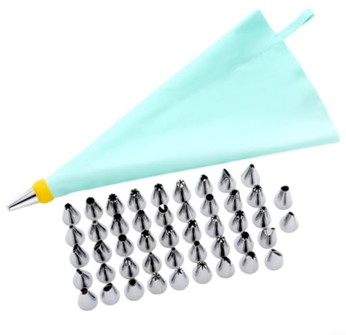 HEIBTENY Set di sac à poche e punte, 50/26 ugelli in acciaio inox con sacchetto riutilizzabile in silicone blu, resistente al calore fino a 230 °C, per decorare torte, pasticceria (50 pezzi)