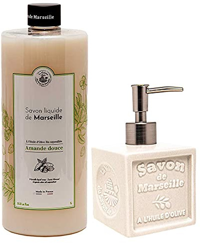 Maison Du Savon De Marseille - Sweet Almond Liquid Soap with White/Ivory Ceramic Soap Dispenser - 1 Litre Refill and 300 Millilitre Dispenser