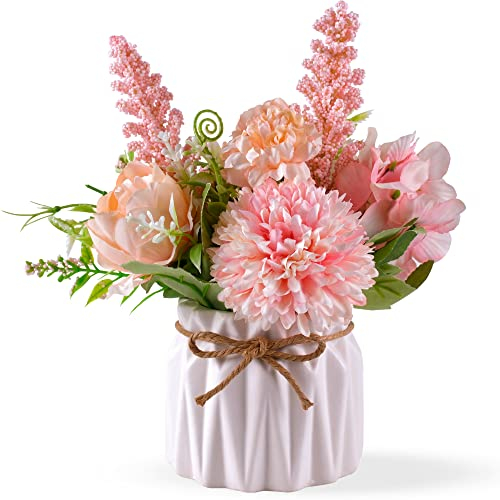 Artificial Potted Flowers, Small Ceramic Vase Fake Flower Plants Desktop Decoration Indoor for Home and Office, Faux Flowers Hydrangea Decora for Table,Bookshelf,Bedroom,Living Room,Party.(Pink)