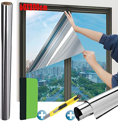 Sonnenschutzfolie Fenster Innen | UV-Schutz Sonnenschutzfolie Fenster Innen Außen | Spiegelfolie Selbstklebend | Silber reflektierende Fensterfolie | Rückstandslose Sonnenschutz Folie (60 x 200 cm)