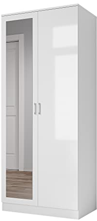 SUNXURY kleiderschrank 2 türig, Vielseitiger Drehtürenschrank, mit Spiegeltür und Kleiderstange, mit Schubladen, Garderobe in Weiß 76 x 47 x 180cm(B/T/H)