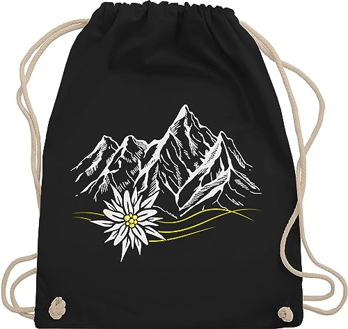 Turnbeutel Rucksack - Kompatibel mit Oktoberfest Tasche - Edelweiß Berge Wandern Wanderlust Berg ruft Alpen - Unisize - Schwarz - trachtenrucksack bayrische bergen baumwollrucksack trachtentaschen