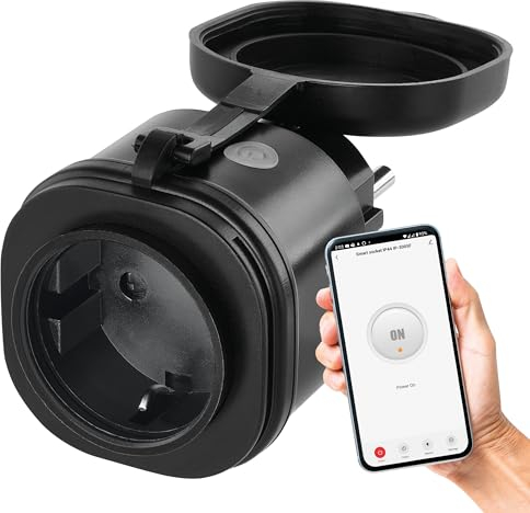 EMOS GoSmart - Presa Wi-Fi per esterni, 16 A, 2,4 GHz, con timer e contatore, IP44, controllata manualmente o con app intelligente, assistente vocale Amazon Alexa, Google Assistant, nero