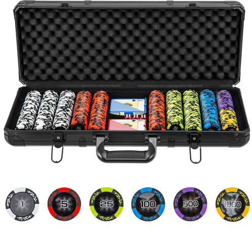 RELAX4LIFE Maletín de póquer de aluminio con 300/500 fichas de póquer láser numeradas / 2 juegos de cartas de póquer / 5 dados / 3 botones del crupier (500 chips)