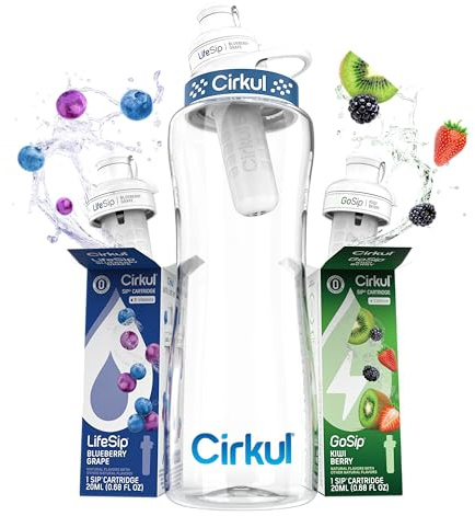 Cirkul 32oz. BPA-Free Plastic Water Bottle Starter Kit with Navy Lid, 2 Flavor Cartridges (1 LifeSip Blueberry Grape, 1 GoSip Kiwi Berry) Zero Calories and No Sugar