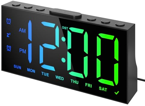 LIORQUE Reloj Despertador Digital, Despertador Digital con Pantalla LED Grande de 8 Colores, Alarmas Dobles, 5 Niveles de Ajuste de Brillo, Modo Fin de Semana, Snooze, DST, 2 Puerto de Carga USB