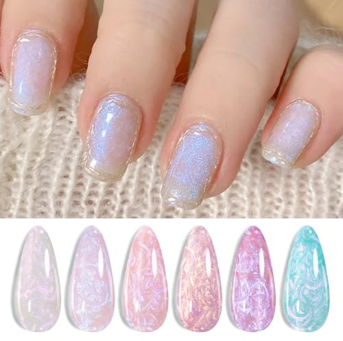 BORN PRETTY Aurora Gel Nail Polish, 6 Colors Iridescent Glitter White Pink Purple Drawing Nail Gel Polish Shell Swirl Thread Effect Soak Off U V LED for Salon Home DIY