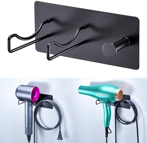 XILIMOR Soporte para secador de Pelo sin taladrar, Soporte de para secador de Pelo de Pared, Soporte Autoadhesivo para secador, Soporte para secador de Pelo para baño, Negro