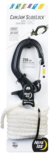 Nite Ize CamJam SlideLock Rope Tightener & 10 ft Nylon Rope - Features Pull-to-Tighten Lock & Quick-Release Lever - 250 lb Working Load Limit - Fits Rope Sizes 3–6mm - Large