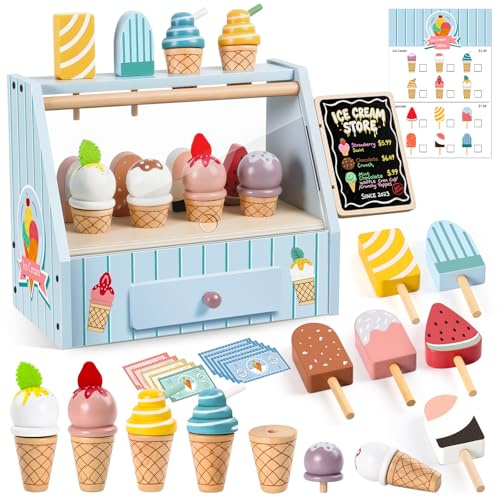 RILSO Gifts for 2 3 4 Year Old Girls,Toys for 2 3 4 Year Old Girls,2 3 Year Old Girl Gifts,Wooden Ice Cream Set,Toy Kitchen Accessories,Wooden Food for Play Kitchen,Kids Role Play Toy 2 3 Year Old