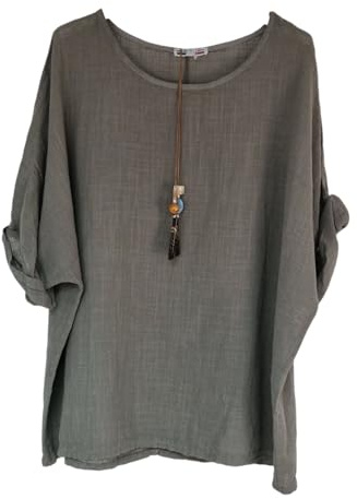 Kiran Fashion New Ladies 100% Cotton Tops Lagenlook One Size Plain for Summers Beach Casual (UK, Alpha, One Size, Regular, Regular, Stone)