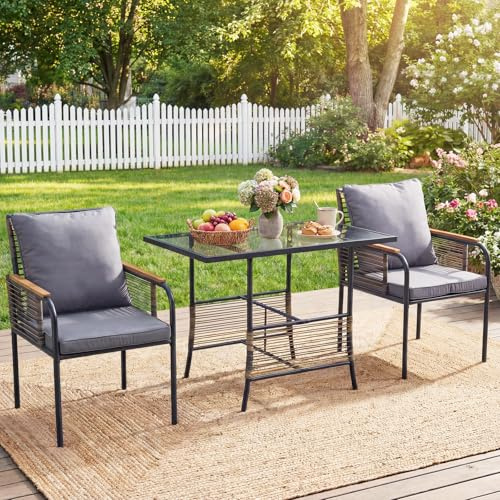 Costway Rattan Trädgårdsmöbler Set, 3-delat Balkongmöbel-Set med Kudde, Bord & 2 Stolar, Utemöbler, Lounge Möbel för Balkong, Terrass, Trädgård, Bakgård (Grå)