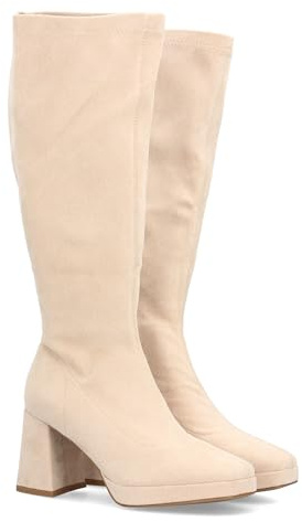 98721 Botas para Mujer. Diseno de Tejido Suave Tipo Ante, con una Cana cenida Que estiliza la Pierna y un Tacon Grueso con Plataforma Que aporta Altura y Estabilidad. Beige Talla 36