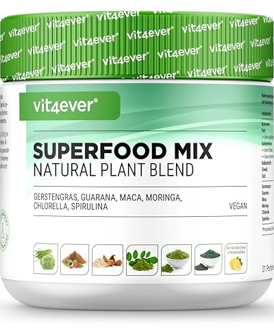 vit4ever Superfood Mix en Polvo – 420 g con 6 Superalimentos (Hierba de Cebada, Espirulina, Chlorella, Moringa, Maca y Guaraná) - con Sabor Natural a Limón