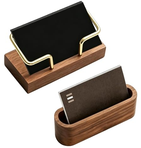 Rainway Tarjetero de madera, 2 unidades, soporte para tarjetas con marco de metal, elegante soporte para tarjetas de visita de madera de nogal natural y latón para oficina, hotel, restaurante y