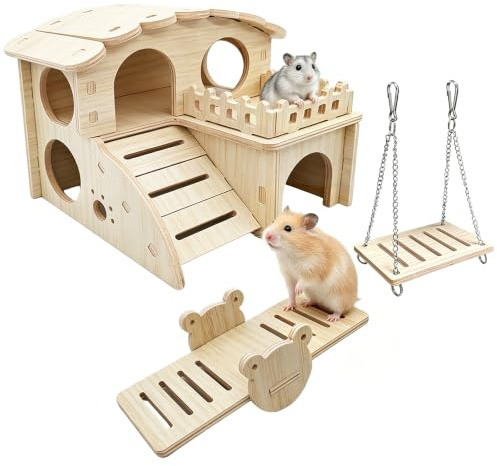 3PCS Wooden Hamster House Set, DIY Natural Wood Hamster Playhouse with Seesaw & Swing, Hamster Toys for Cage, Small Pet Hamster Accessories for Syrian Hamsters, Dwarf Hamsters, Gerbils & Mice
