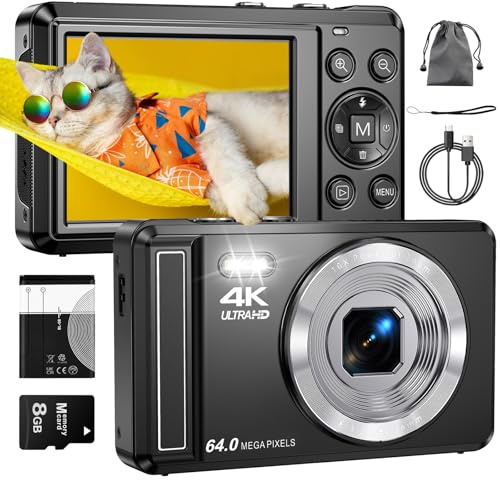 Appareil Photo numérique 4K 64 MP avec Carte Micro SD, Mise au Point Automatique avec Zoom numérique 16x, Appareil Photo Compact Portable avec Batterie 1200 mAh, câble USB, pour Adolescents, Adultes